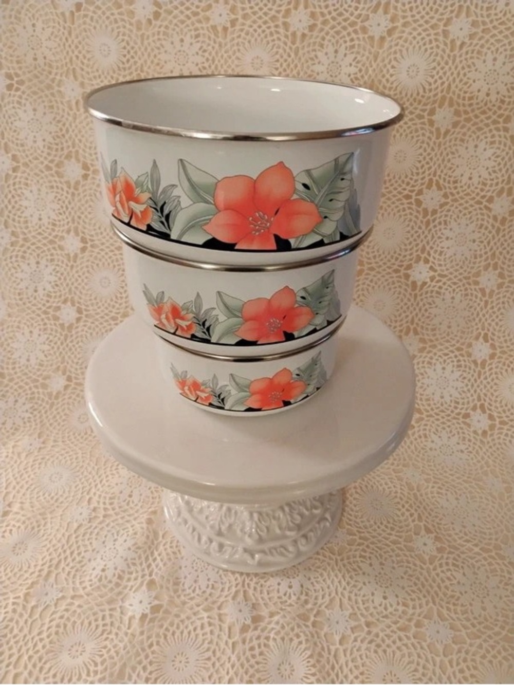Porcelain Floral Serving Bowls with Silver Trim - White and Coral